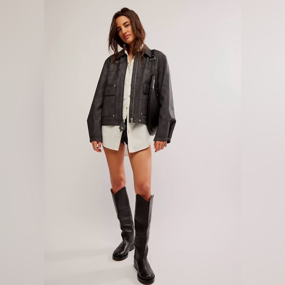 Free People Blair Vegan Leather Jacket Charcoal Oversized Large